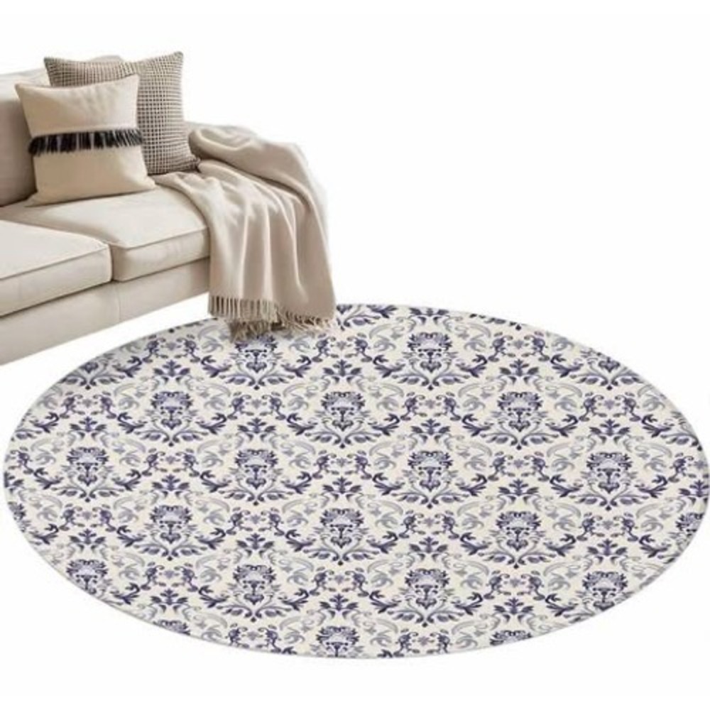 Round Damask Area Rug Blue Ivory 3D‎ Printed Soft Non Slip Washable 36"